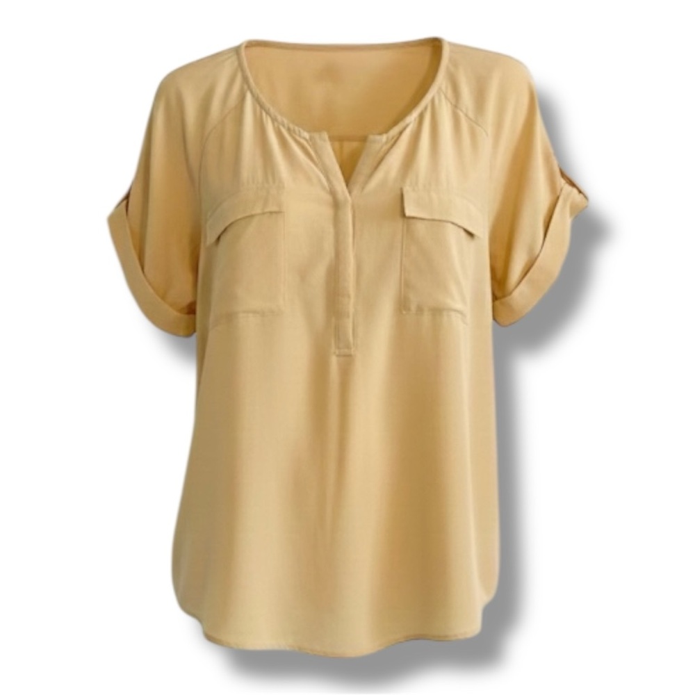 Joie 100% Silk Short Sleeve Safari Style 1/2 Button Blouse Size Medium